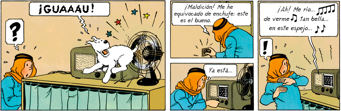 Milou la queue dans le ventilateur et Castafiore à la radio dans Tintin au pays de l'or noir